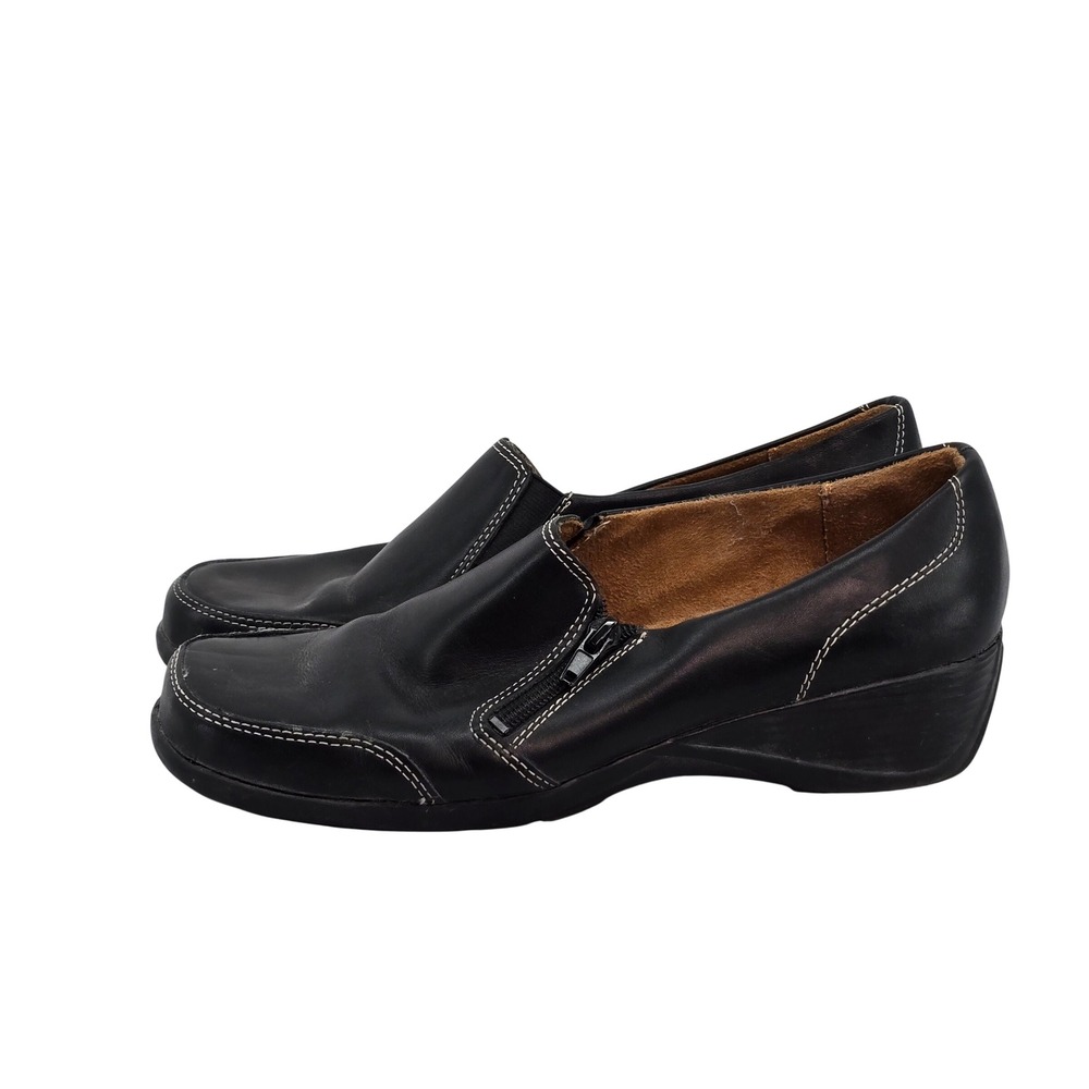 Naturalizer Black Leather Wedge Loafers Side Zip Square Toe Shoes Womens 10M